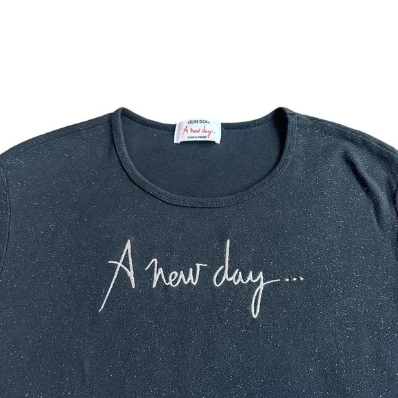 Celine Dion A New Day Rare T-Shirt Black Glitter Top Retro 2000s Size Large - Picture 2 of 9
